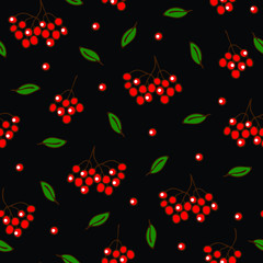 Seamless vector pattern with red berries on black background. Simple rowan berry wallpaper design. Ideal for fashion, fabric, home decoration.