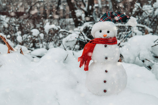 Snowman with cap and scarf in snowdrifts