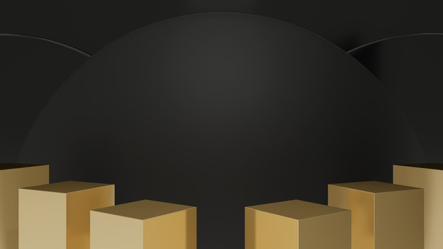 3d Render Of 6 Gold Box Pedestal Steps Isolated On Black Circle Background, Dark Abstract Blank Space, Simple  Design, Luxury Minimalist Mockup