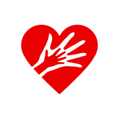 Obraz premium Two Hands in the Heart Icon as Orphan Children Adoption Metaphor. Great an Illustration or Logo for Child Adoption or Medical or Kids Health Care Charity Agency on White