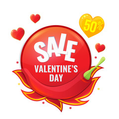 Happy Valentines Day sale red circle banner with chili pepper and tongue of flame. Advertising icon, card. Vector illustration.