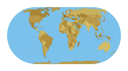 World Map. Herbert Hufnage's pseudocylindrical equal-area projection. Map of the world with meridians on blue background. Vector illustration.