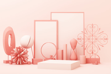 abstract geometric shape pastel pink color scene minimal with decoration and prop, design for cosmetic or product display podium 3d render