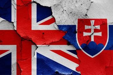 Fototapeta premium flags of UK and Slovakia painted on cracked wall