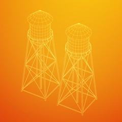 Water tower. Industrial construction with water tank. Wireframe low poly mesh vector illustration.