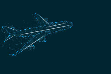 Passengers commercial airplane Abstract plane shark form lines and triangles, point connecting network on blue background.