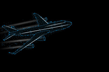 Passengers commercial airplane flying Abstract plane shark form lines and triangles, point...