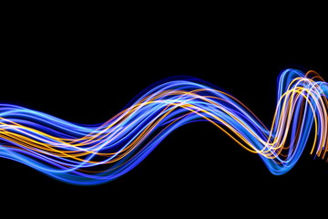 Long exposure photograph of neon blue and gold colour in an abstract swirl, parallel lines pattern...