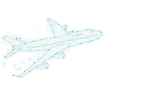 Passengers commercial airplane flying Abstract plane shark form lines and triangles, point connecting network on white background.