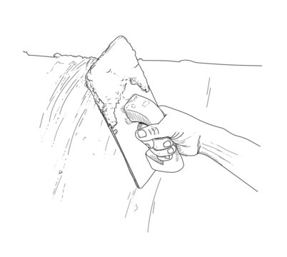 hand of builder worker use trowel plastering concrete at wall hand drawing illustration