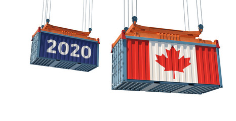 Year 2020 - Freight container with Canada national flag - isolated on white. 3D Rendering