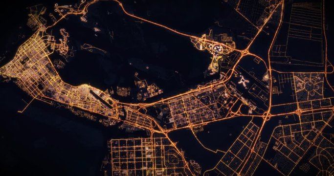 Aerial night view of city of Abu Dhabi, UAE. Traffic and street light glowing. Camera flying high above, moving closer and rotating from space filming cinematic straight down. 3d animation rendering.