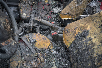 melted steering wheel of a burnt out car