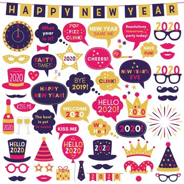 Happy New Year 2020 photo booth props, vector party signs and decoration set 