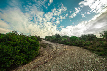 Paisaje camino con cielo nublado