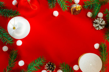 Christmas background with xmas tree on red canvas background. Merry christmas card. Winter holiday theme. Happy New Year