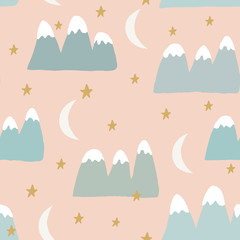 Cute seamless pattern with a landscape in white, green and yellow on pastel pink background.
