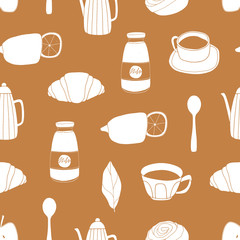  Cafe vector seamless pattern. Teatime food background. Surface design