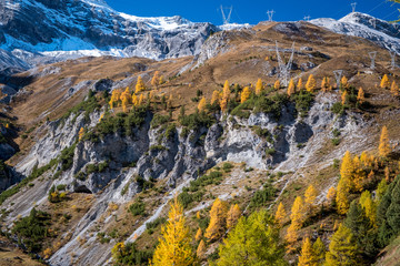 Dolomites Mountains, autumn landscape in the Passo Stelvio valley in South Tyrol in the Stelvio National Park, Alps, northern Italy, Europe.
