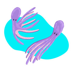 Two floating octopus on a blue background. Print design. Vector illustration