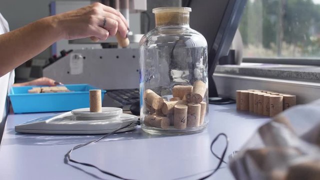 measuring digital pachometer of cork stopper sample in laboratory slow motion