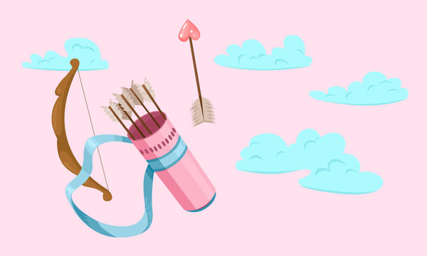 Cupid quiver and arrows against the sky. Bow and arrow of love. Print for Valentine Day