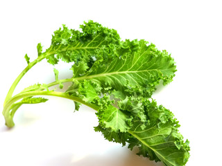 Green kale leaves, one of the super foods, isolated on a white background, beneficial for health...