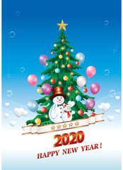 Naklejka na ściany i meble Happy New Year 2020. Greeting card with Christmas tree and and snowmen on a blue background with balloons
