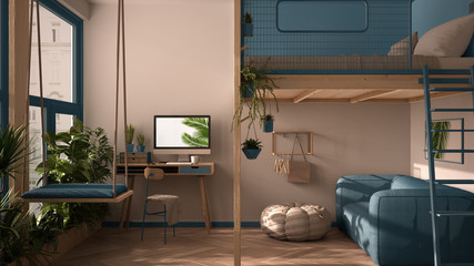 Minimalist studio apartment with loft bunk double bed, mezzanine, swing. Living room with sofa, home workplace, desk, computer. Windows with plants, white and blue interior design