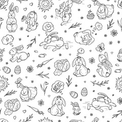 Naklejka premium Rabbits Seamless pattern. Hand drawn doodle bunnies - vector illustration. Background for kids