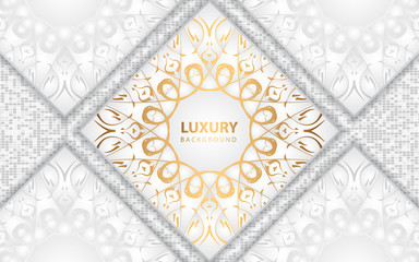 Luxury white background with mandala style shapes a combination golden ornament decoration. Elegant vector design template for cover, banner, wedding invitation, card, business, advertising, wallpaper