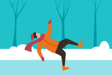 The man slipped on the street and falls. Winter accident. Flat design. Vector illustration