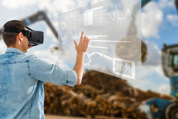 iot industry concept,industrial engineer using smart glasses with augmented mixed with virtual reality technology to monitoring machine in real time.Smart factory use Automation robot arm