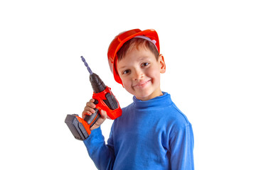 Smiling happy boy with a hand dril and toy protective helmet isolated onw ehite background.