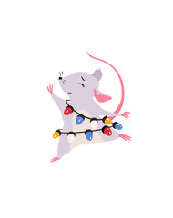 Cute mouse with a Christmas lights garland, dancing. 