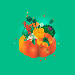 Obraz na płótnie Canvas Gift card design with flowers in a pumpkin vase, modern beautiful floral composition.