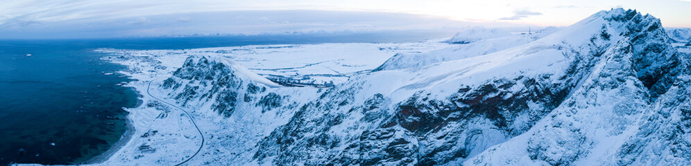Aerial drone panorama mountains and coastline close to Andenes, Andøya Norway