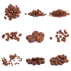 collage of Coffee beans isolated on a white background area for copy space.