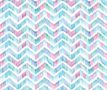 stock illustration. watercolor chevron seamless pattern. Zigzag ornament with colored lines blue, purple, turquoise isolated on white. abstract background for wallpaper, textile, wrappers