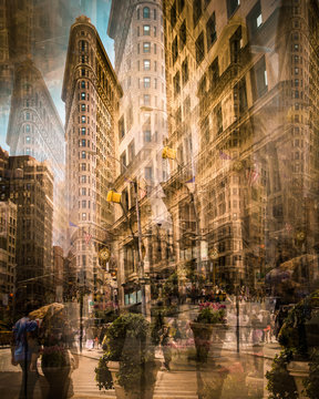 Original artist graphic Flatiron Building, New York City street scene photo manipulation	