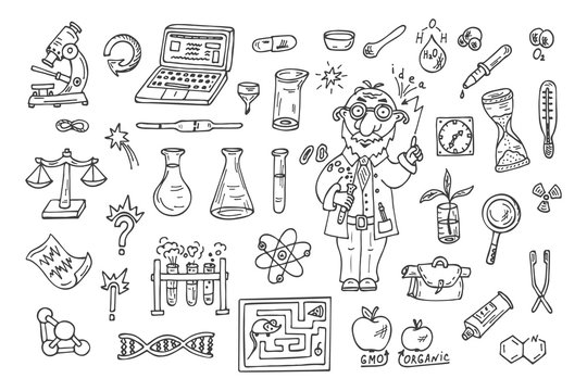 Set of science symbols and funny scientist or professor. Hand Drawn Doodles illustration