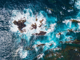 Rocks in the ocean with waves aerial Azores Santa Maria