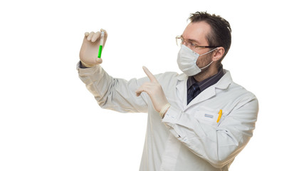 Doctor holding test tube with virus blood sample and keeps finger in warning sign. Healthcare and medical concept