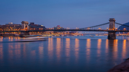 Szechenyi Chain Bridge on the Danube river in the evening. Budapest, Hungary.