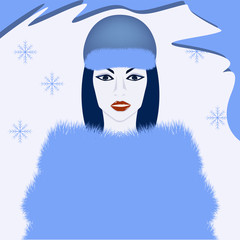 Fur blue coat - stylish lady in a leather hat - vector. Salon of fur clothes. Winter outerwear. Fashionable Faux Fur.