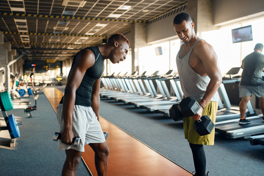 Two tired athletes doing exercise with dumbbells
