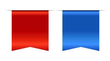 Obraz premium Blue and red bookmark. Banner 3D set. Vertical book mark, isolated on white background. Color tag, label. Flag sign. Design element blank. Empty sticker for sale. Template banner. Vector illustration