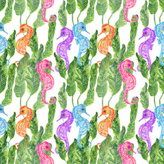 Watercolor seamless pattern with blue and pink sea horses, green algae on white background. It's perfect for card, pattern design, banner, poster, Sea Wallpaper, Gift Wrap or prints of clothes.