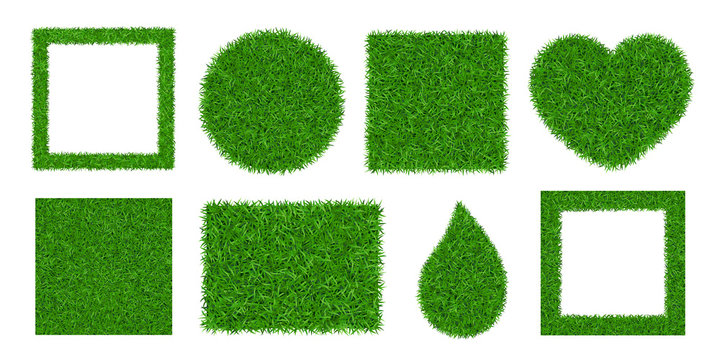 Green grass background 3D set isolated. Lawn greenery nature ball, circle, heart. Abstract field texture square frame, rectangle. Ground landscape grassland pattern. Grassy meadow. Vector illustration