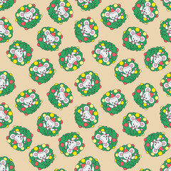 Winter holiday pattern. Cute seamless pattern with cute little mouse sitting in a Christmas wreath. Vector illustration 8 EPS.